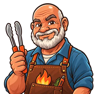 Oom Pieter, grinning in his leather apron